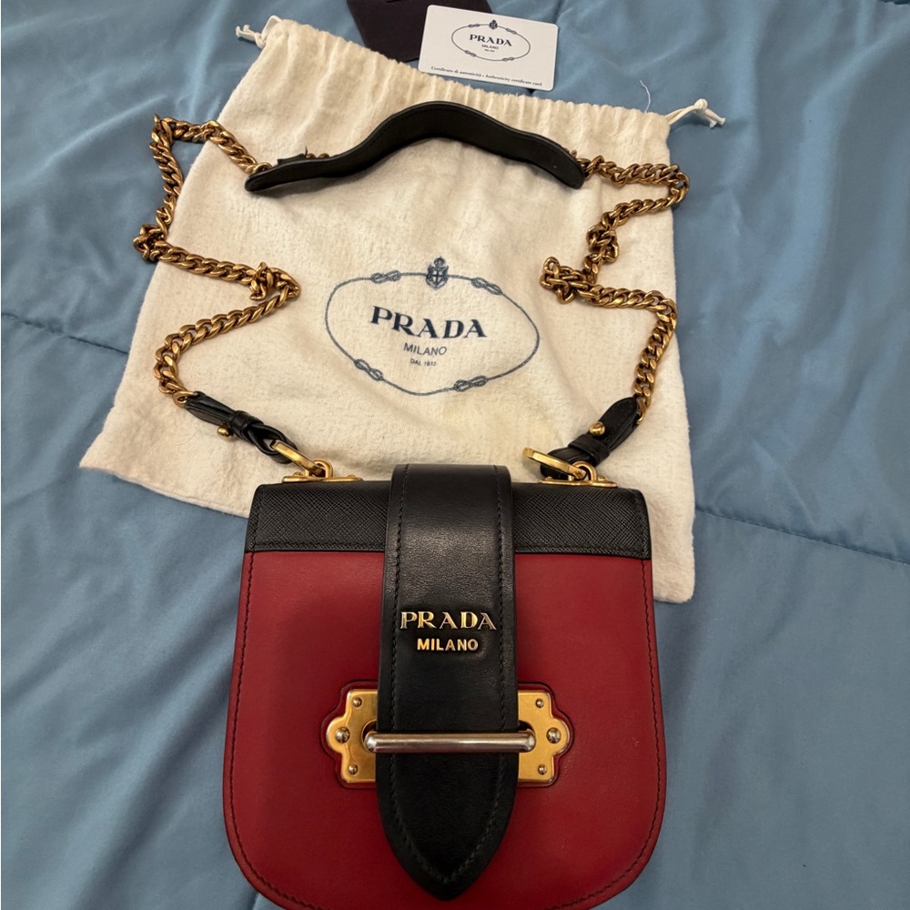 Prada Red and Black Leather Crossbody Bag with Gold Chain